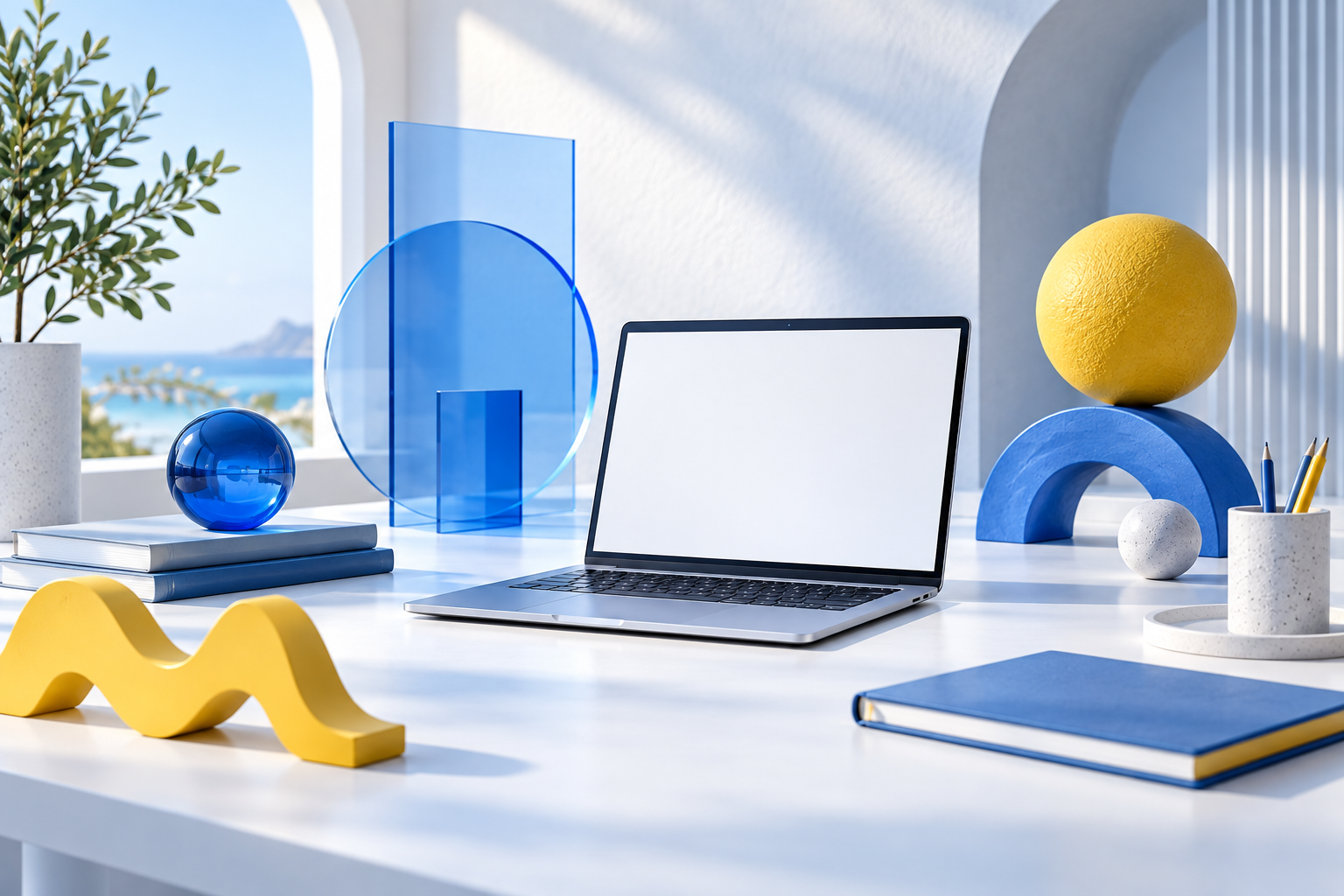 Original illustration of creative AI tools in blue and gold