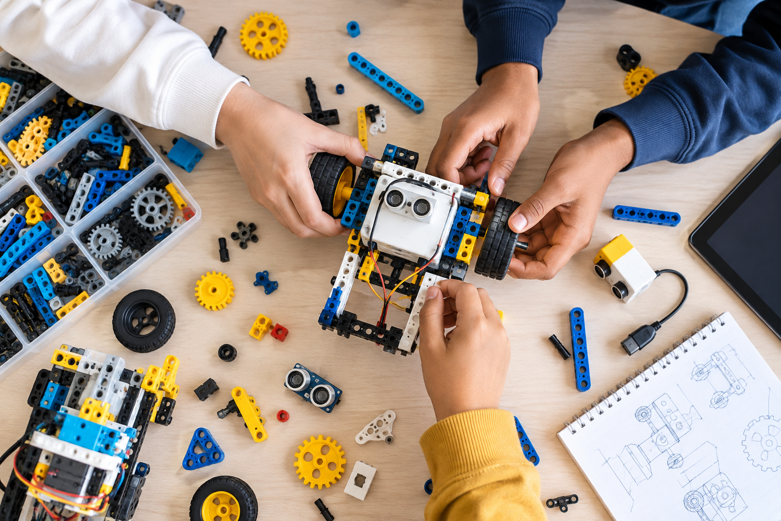 Concept image of students’ hands assembling a robotics project